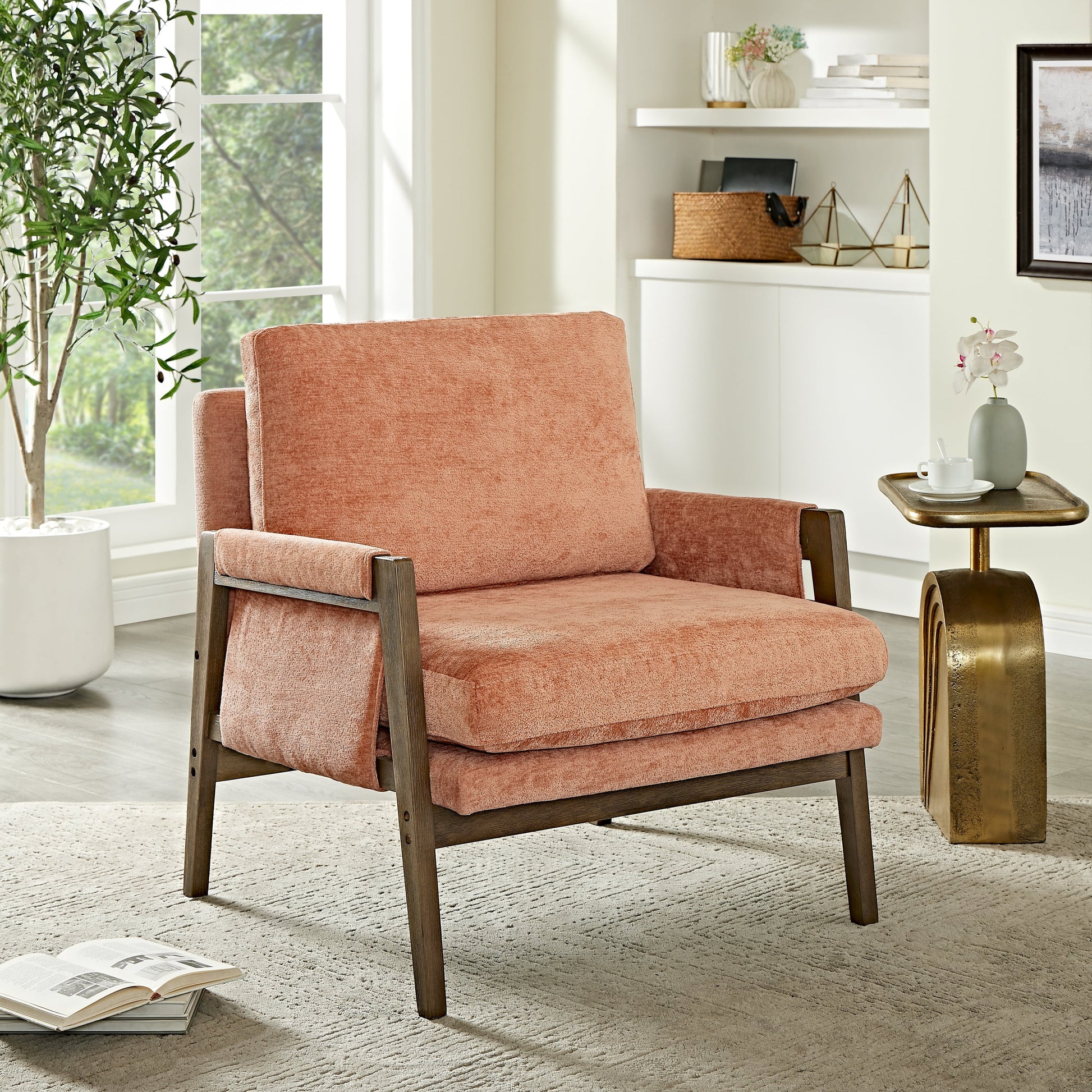 Roundhill Furniture Kelly Mid-Century Modern Velvet Accent Armchair, Orange