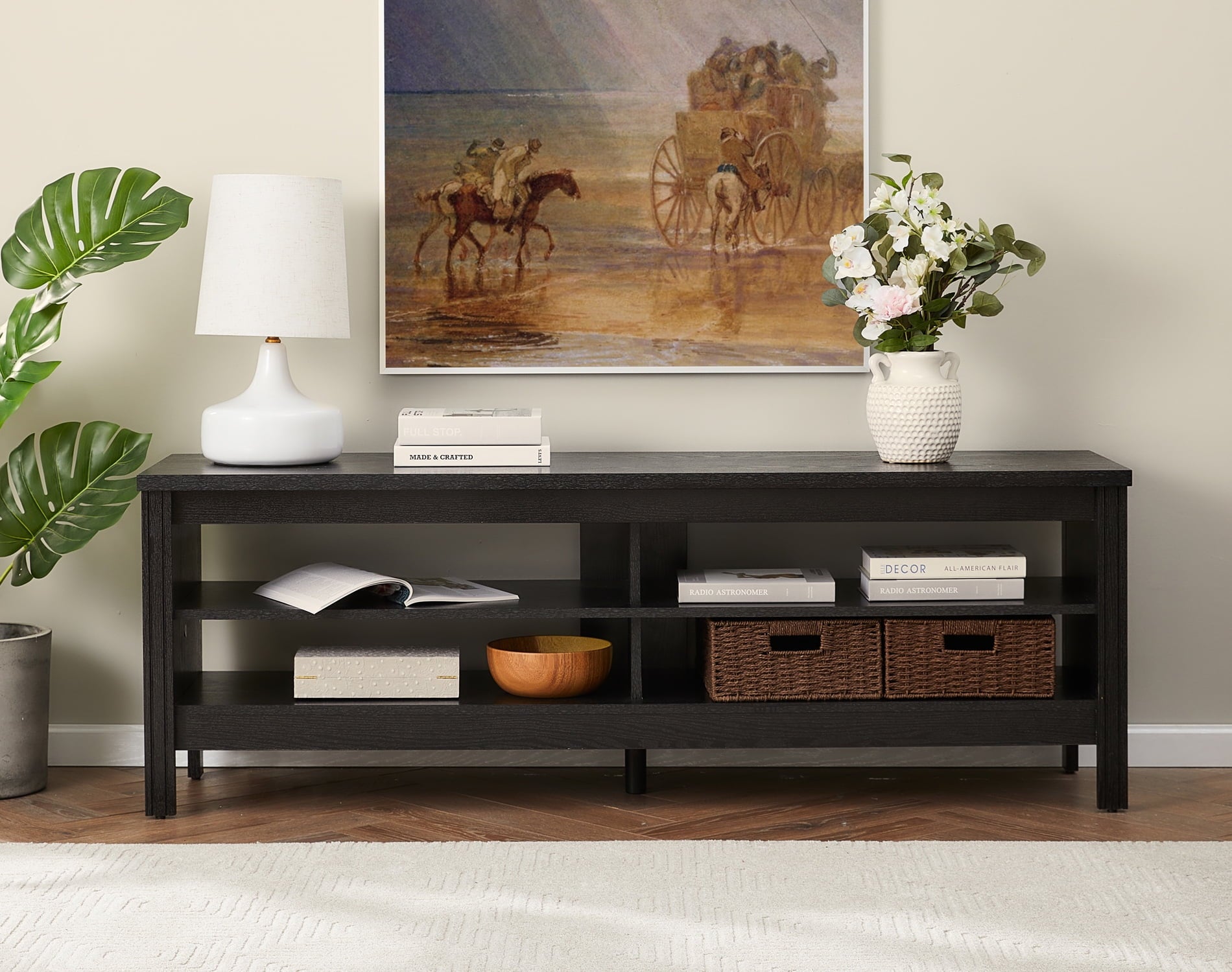 TV Stand for 65 Inch TV Entertainment Center Wood Console Media Table with 4 Open Shelves for Living Room, Black 60 inch