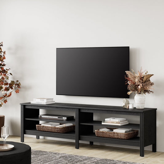 TV Stand for 75 Inch TV Entertainment Center Wood Television Table with 4 Open Shelves for Living Room, Black 70 inch