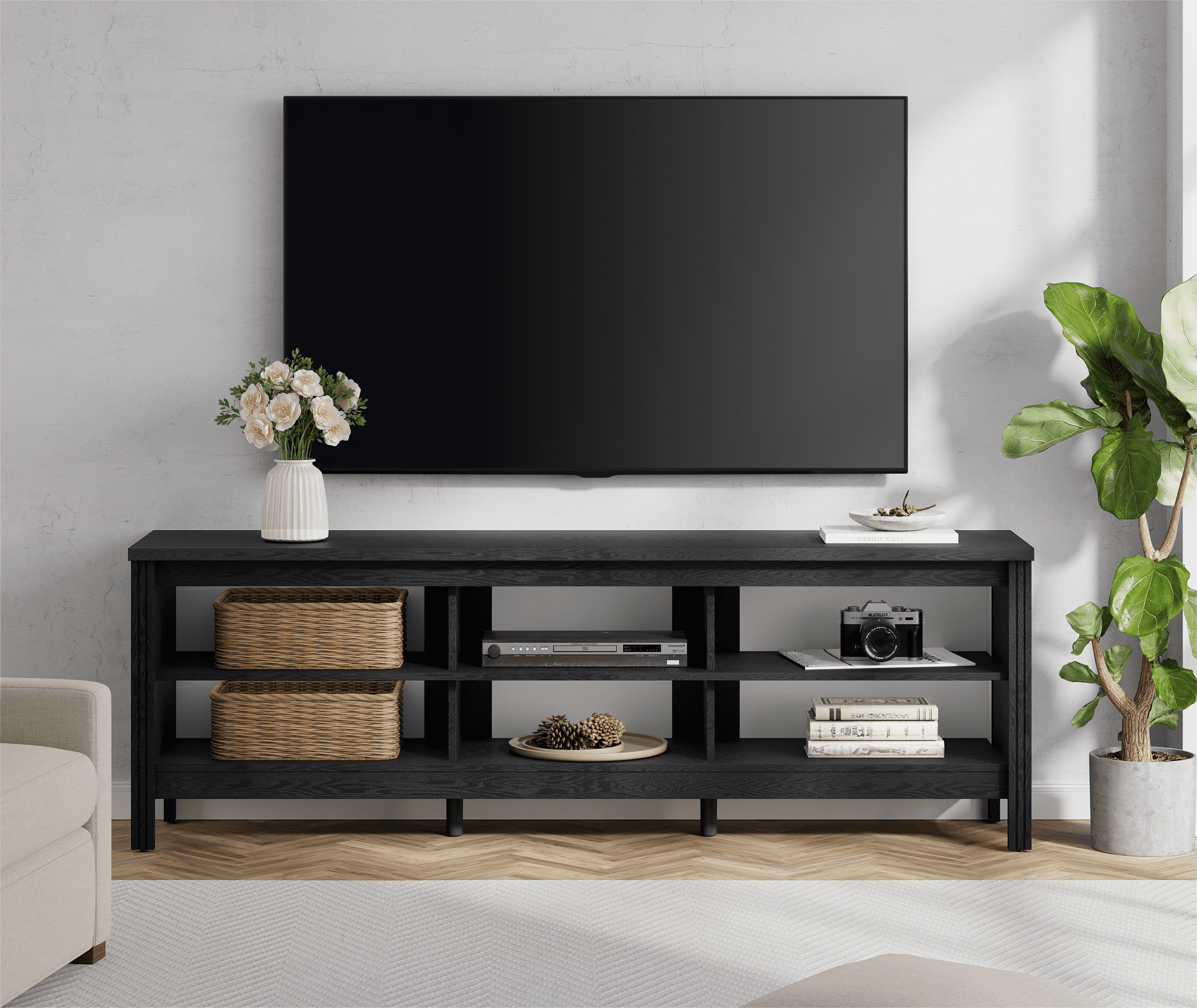 TV Stand for 75 Inch TV Entertainment Center Wood Television Table with 6 Open Shelves for Living Room, Black, 70 inch