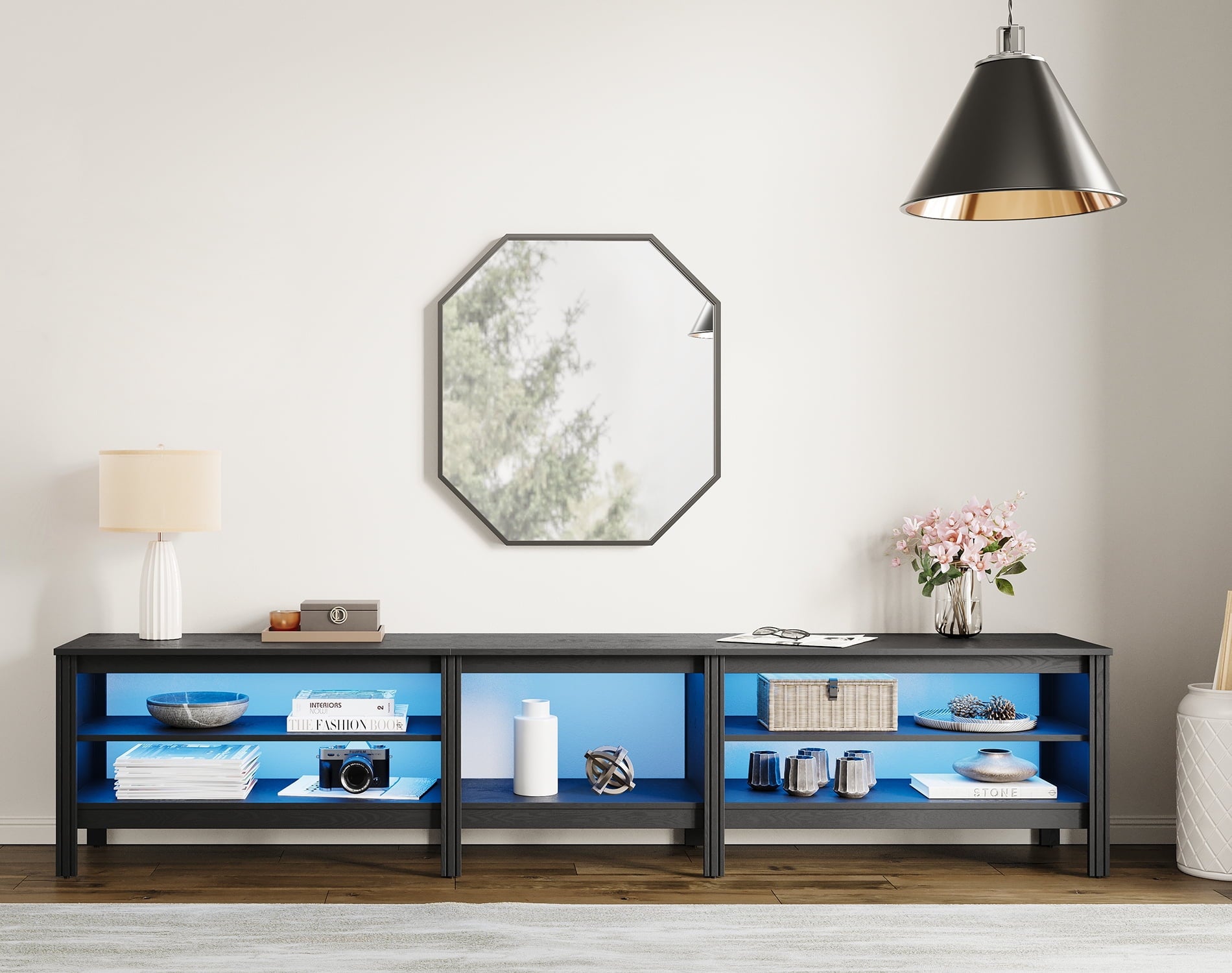 TV Stand for 85 inches Flat Screen, LED Wood Media Console Storage Cabinet Entertainment Center with 6 Open Shelves, 95 inches, Black