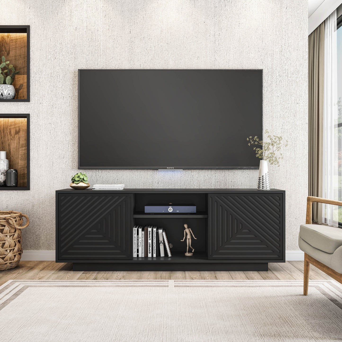 Techni Mobili Modern TV Stand for TV’s up to 70” with 2 Storage Cabinets with Patterned Doors, Black RTA-940TV-BK