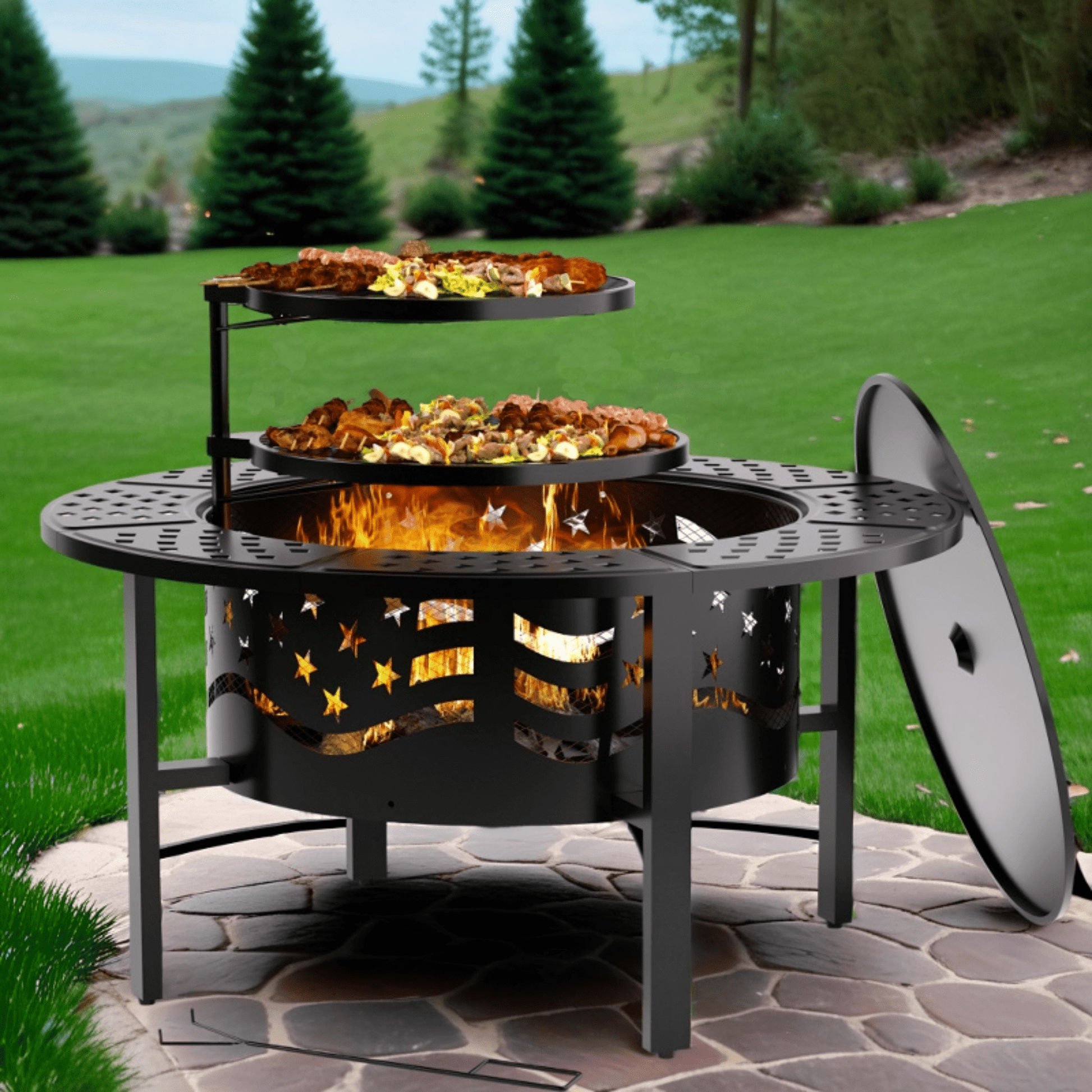 TrumanPick Fire Pit for Outside 42" Wood Burning Fire Pit Tables with 2 Adjustable Swivel BBQ Grills, Lid, Poker for Patio Backyard BBQ Ice Storage