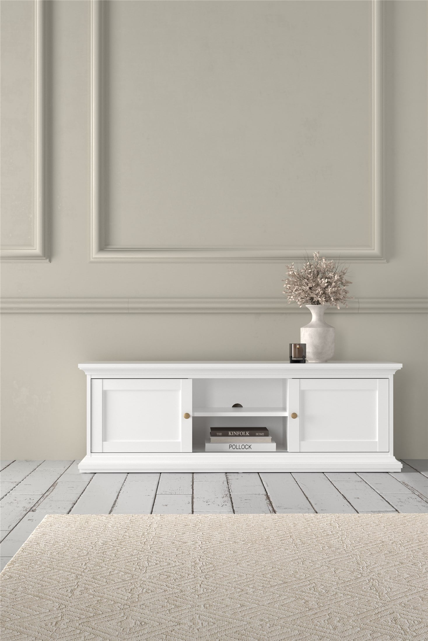 Tvilum Maison Park 2 Sliding Door TV Stand with 6 Shelves, White