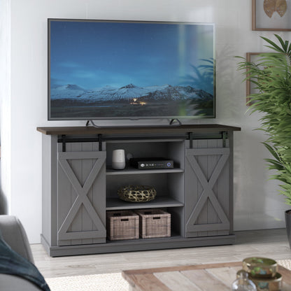 Twin Star Home TV Stand for TVs up to 60 in. with Sliding Barn Doors White/Saw Cut Espresso