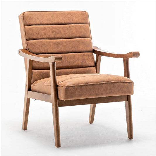 US Pride Furniture Unique Mid Century Modern Accent Chair with Open-Framed Armchair Design Plush Foam Leather-Look Microfiber Seat and Back Cushions Brown