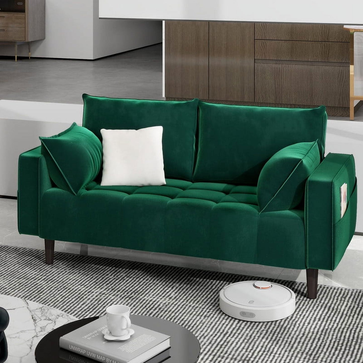 Uforic 56" Velvet Loveseat Sofa, Modern Comfortable Sofa Loveseat Small Sofa Couch with Side Storage Pockect & 2 Pillows, Button Tufted Seat Cushion for Living Room Bedroom Apartment, Green