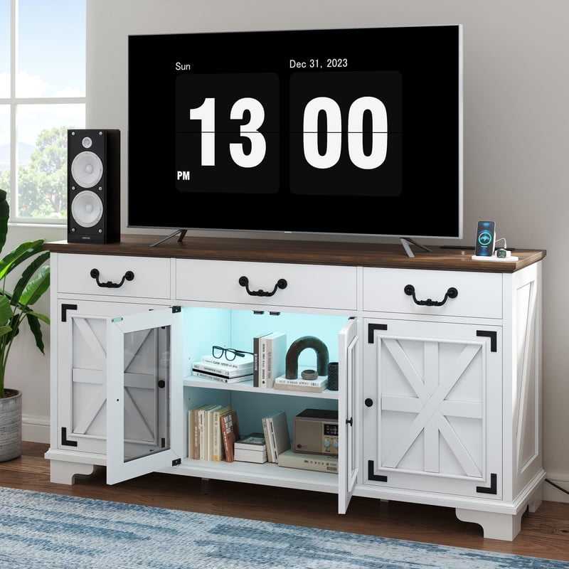 Uforic Farmhouse LED TV Stand for TVs up to 75/65 Inch, White Entertainment Center with Power Outlet, White