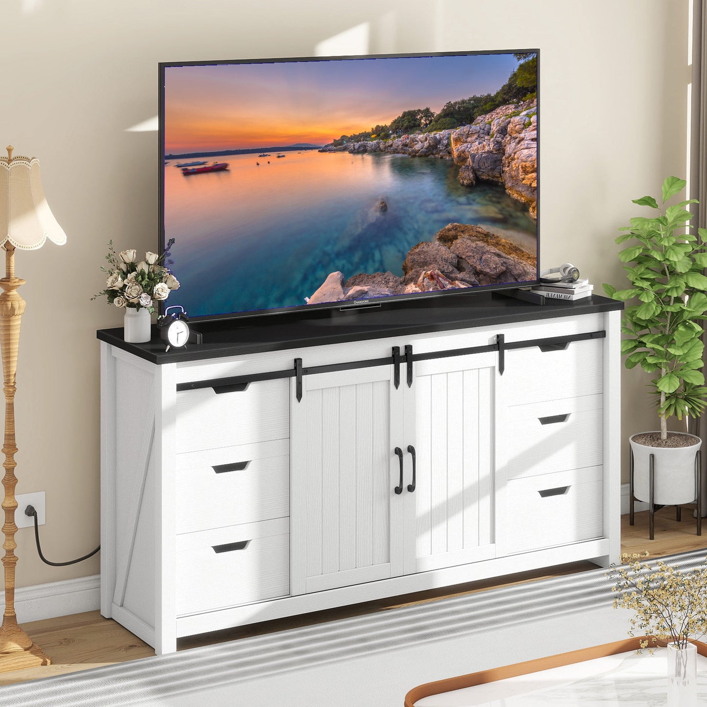 Uforic Farmhouse TV Stand with Power Outlet & 6 Drawers, Rustic Entertainment Center for TVs up to 65 Inch, White/Black