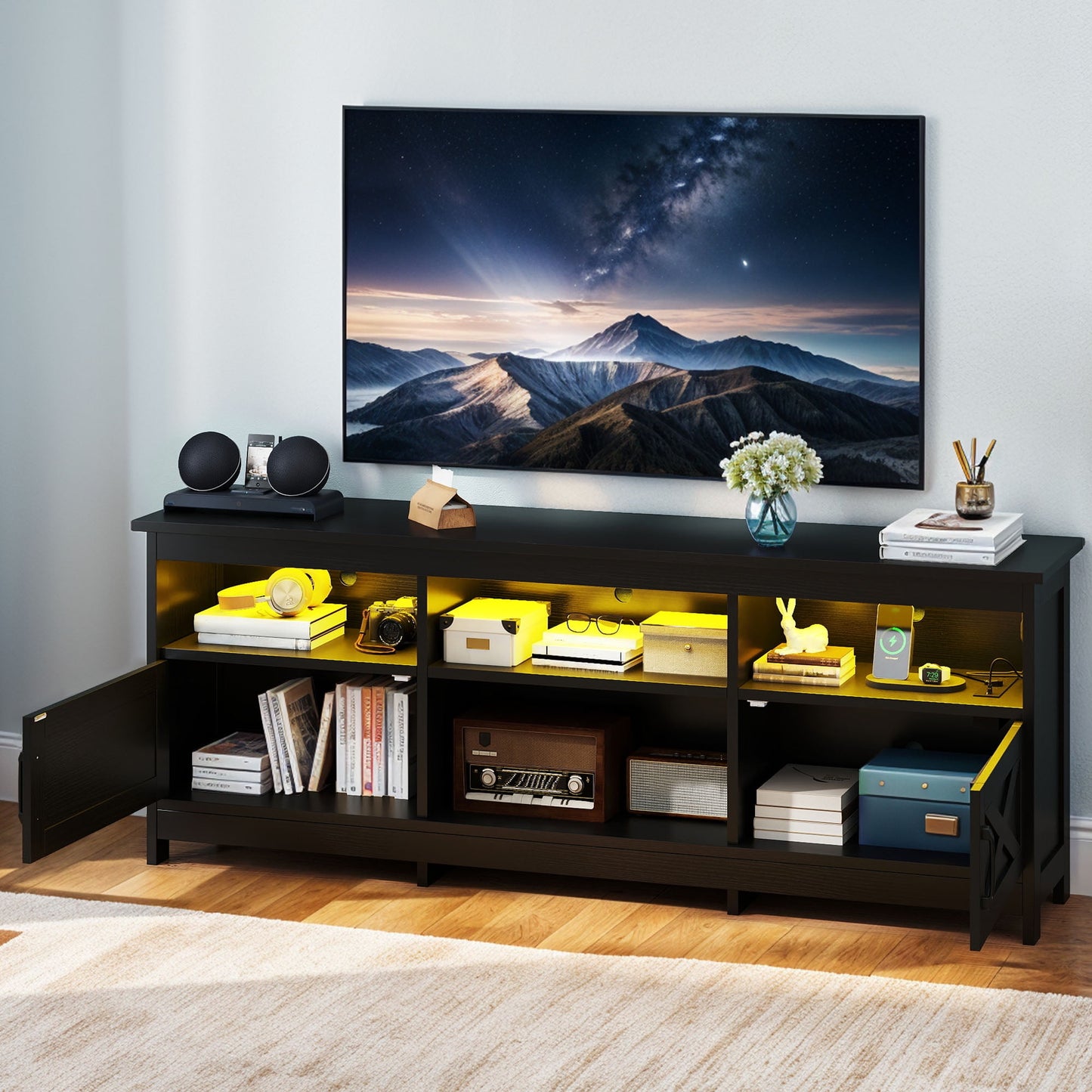 Uforic TV Cabinet with Storage, LED Lights, and Power Outlet, TV Stand for Living Room, Bedroom, or Apartment, Accommodate 65 Inch TVs, Black