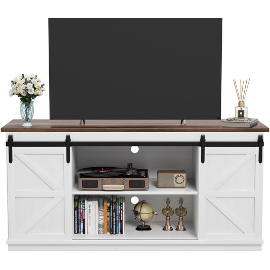 Vineego 58 inch Farmhouse TV Stand and Entertainment Center for Televisions,with Sliding Barn Doors and Storage Cabinets,Milk White