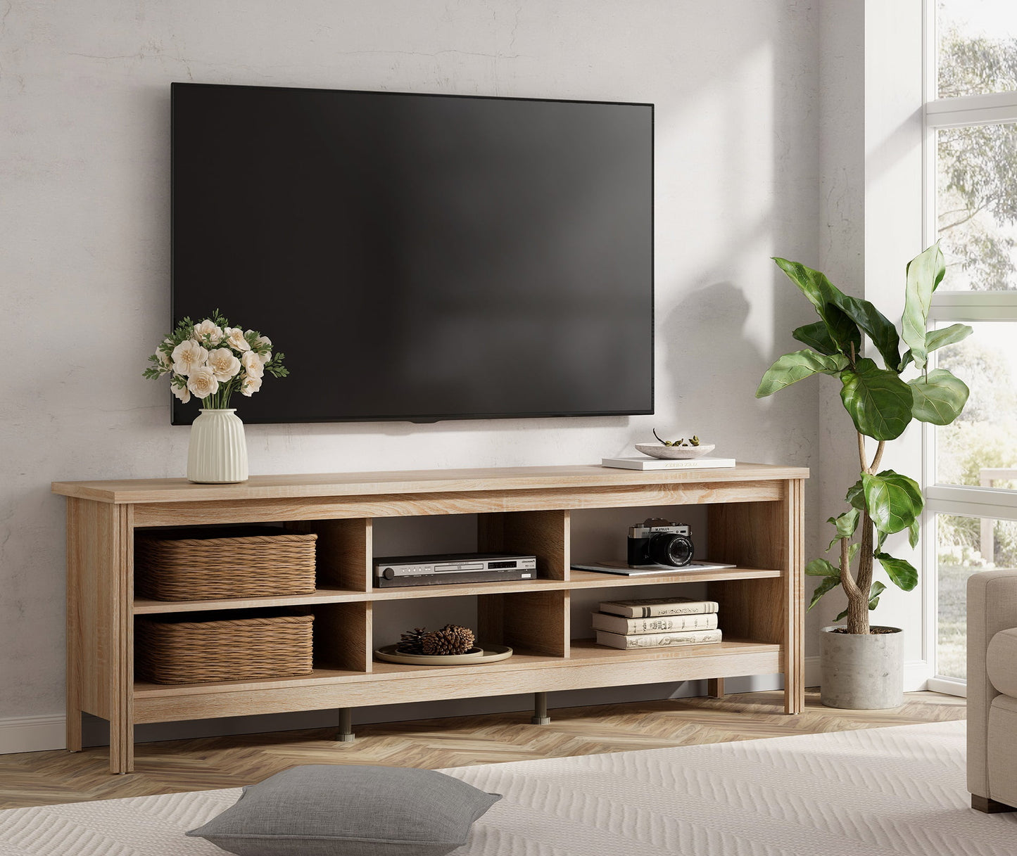 Farmhouse TV Stand for 75 inch TV with 6 Cubby for Living Room, Espresso TV Console for Bedroom, 70 inch