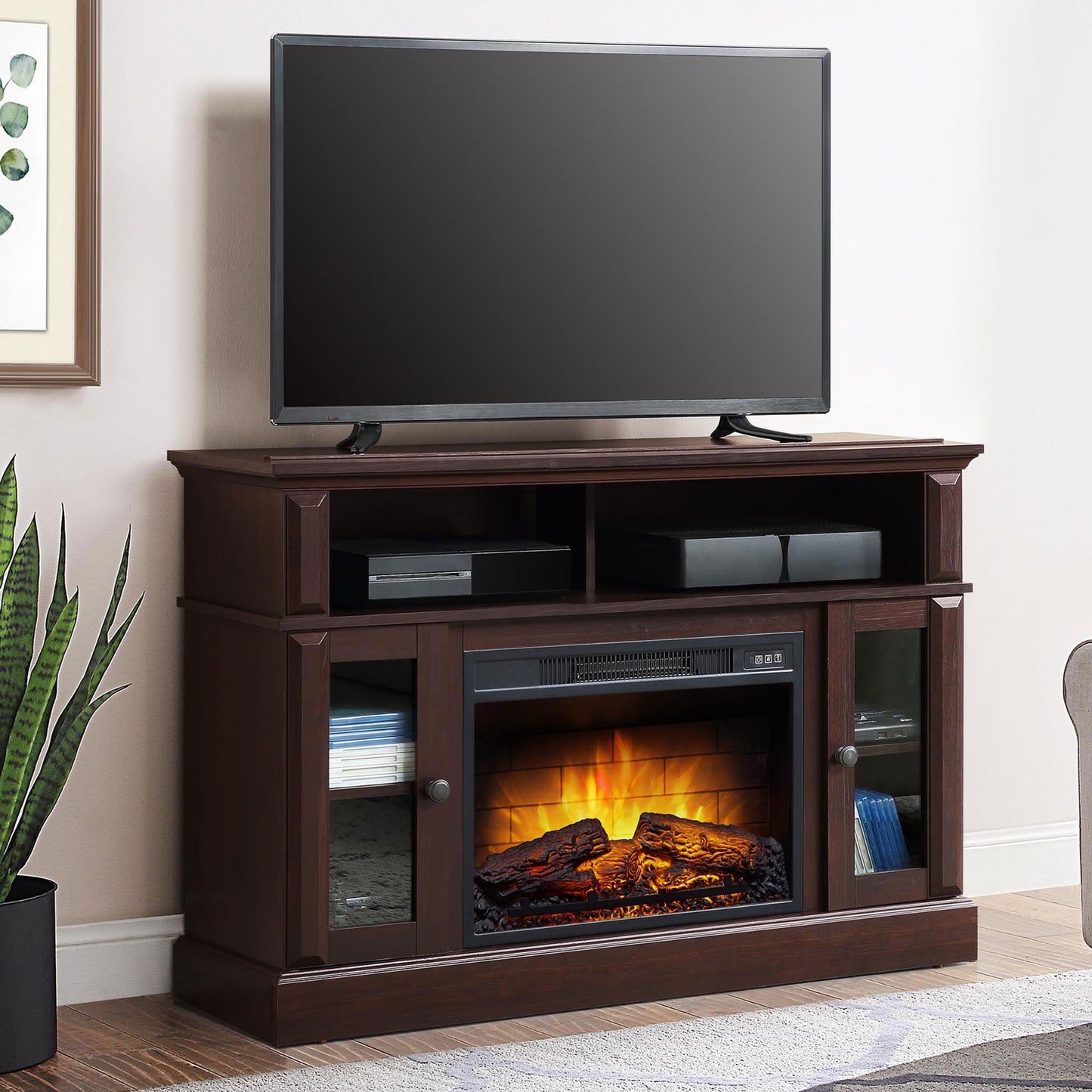 Whalen Furniture Barston Media Fireplace TV Stand for TVs up to 55”, Cherry Brown Finish