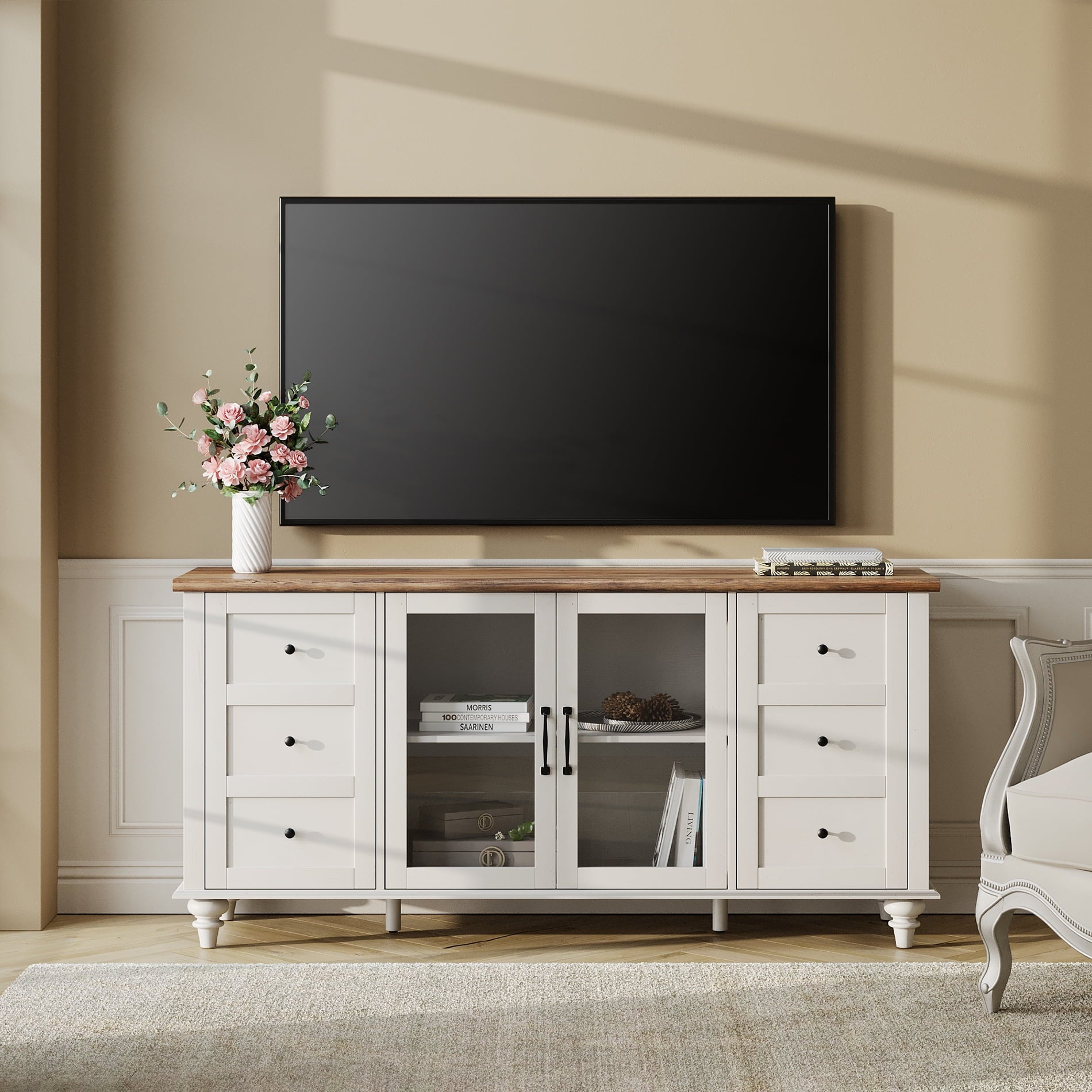 Yellow Light Farmhouse Glass&Wood Television Stand for TV up to 75 inch for Living Room, Cream White