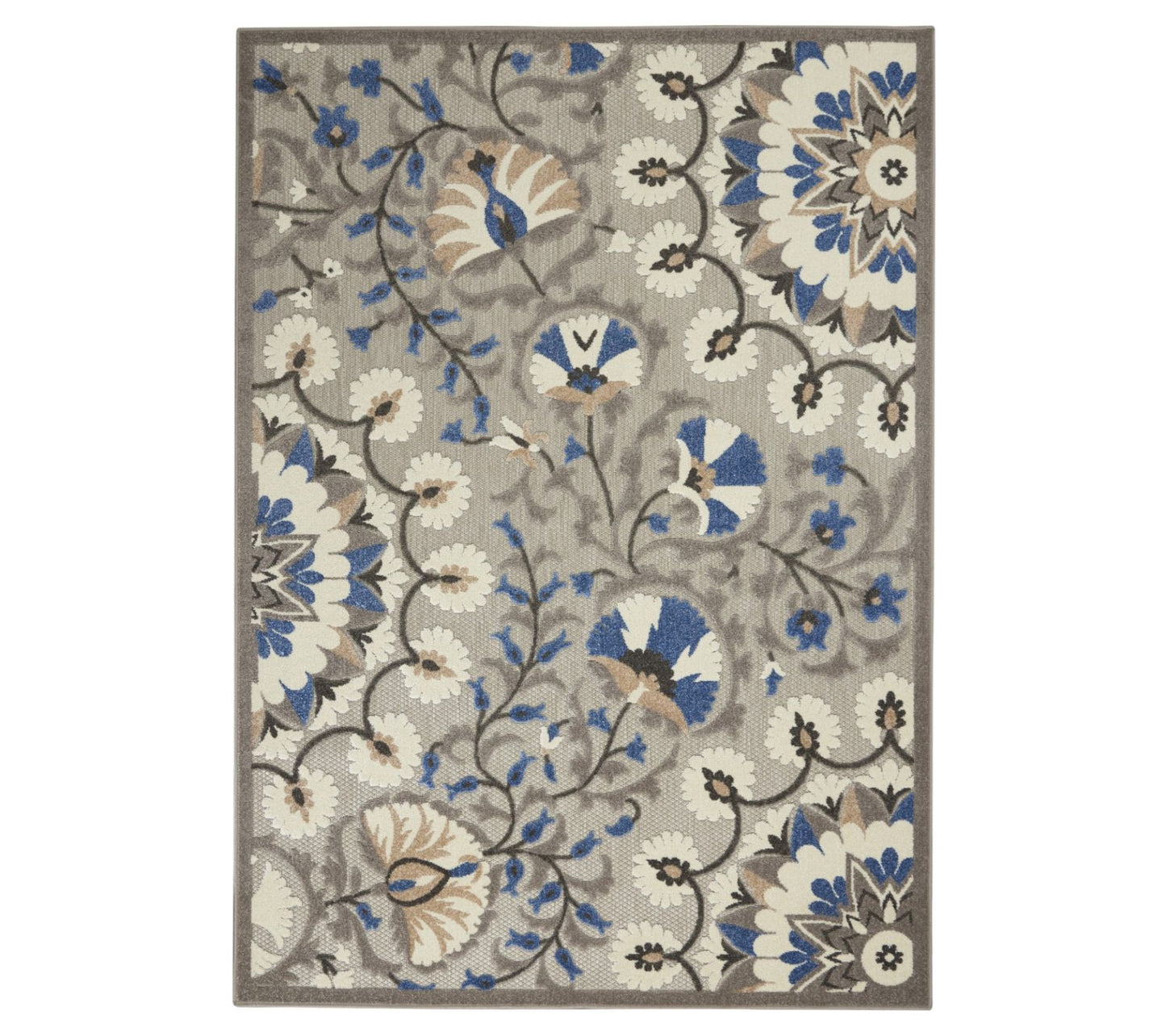 HomeRoots 5'3" x 7'5" Gray & Blue Vines IndoorOutdoor Area Rug