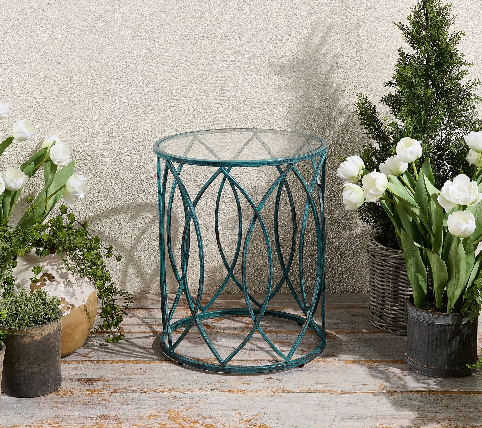 Indoor/Outdoor Round Glass and Metal Accent Table by Valerie