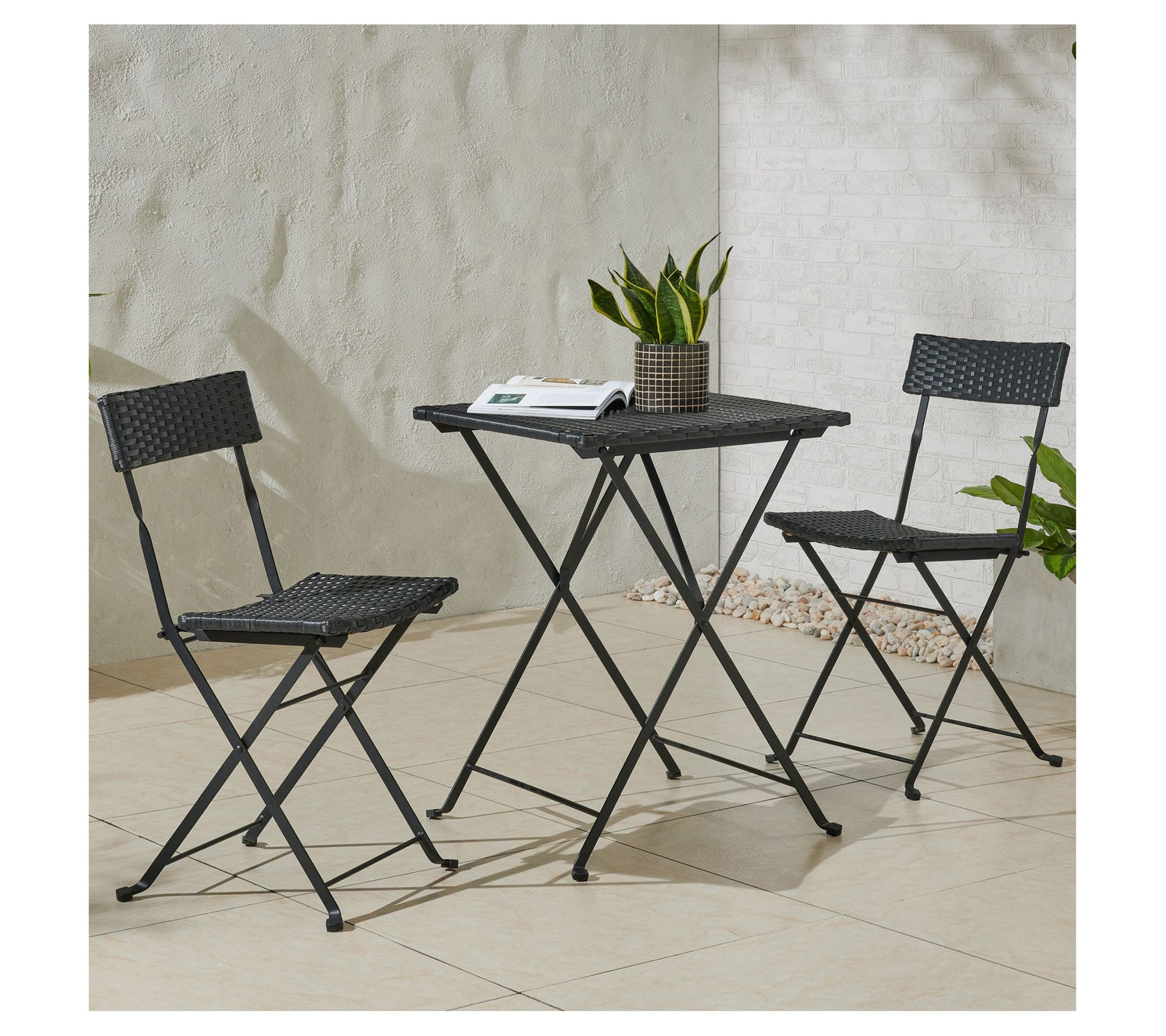 Lavish Home Folding Patio Bistro 3-Piece Rattanand Steel Cafe