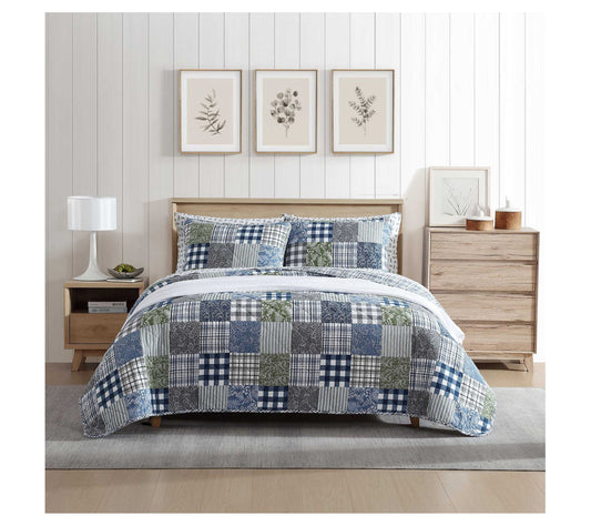 Eddie Bauer Cozy Patchwork Blue King Quilt ShamSet