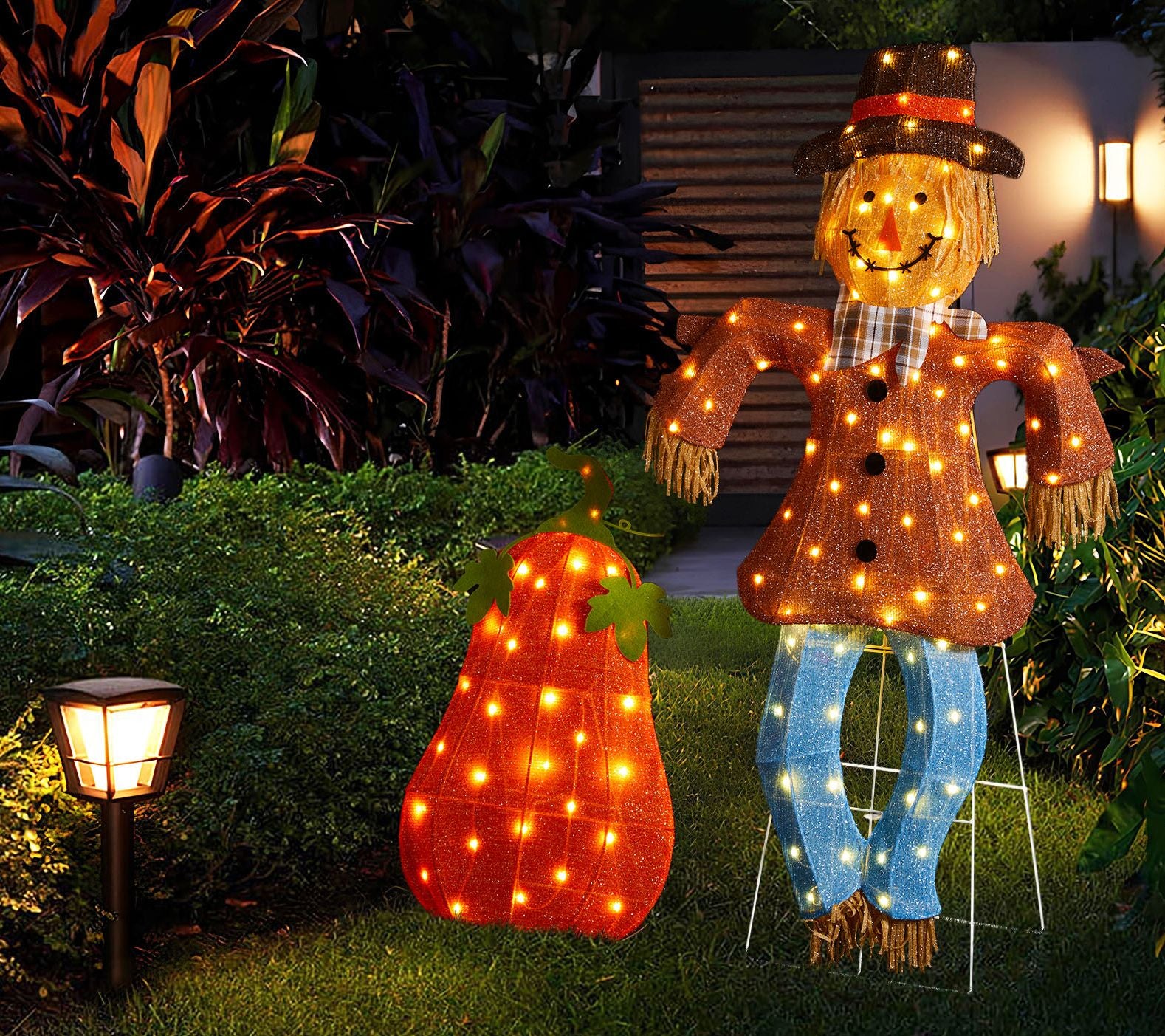 Glitzhome Lighted Fall Scarecrow & Pumpkin Outdoor Decor S/2