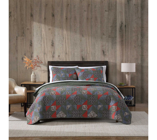 Eddie Bauer Block Patchwork Green Cotton Full/Queen Quilt Set